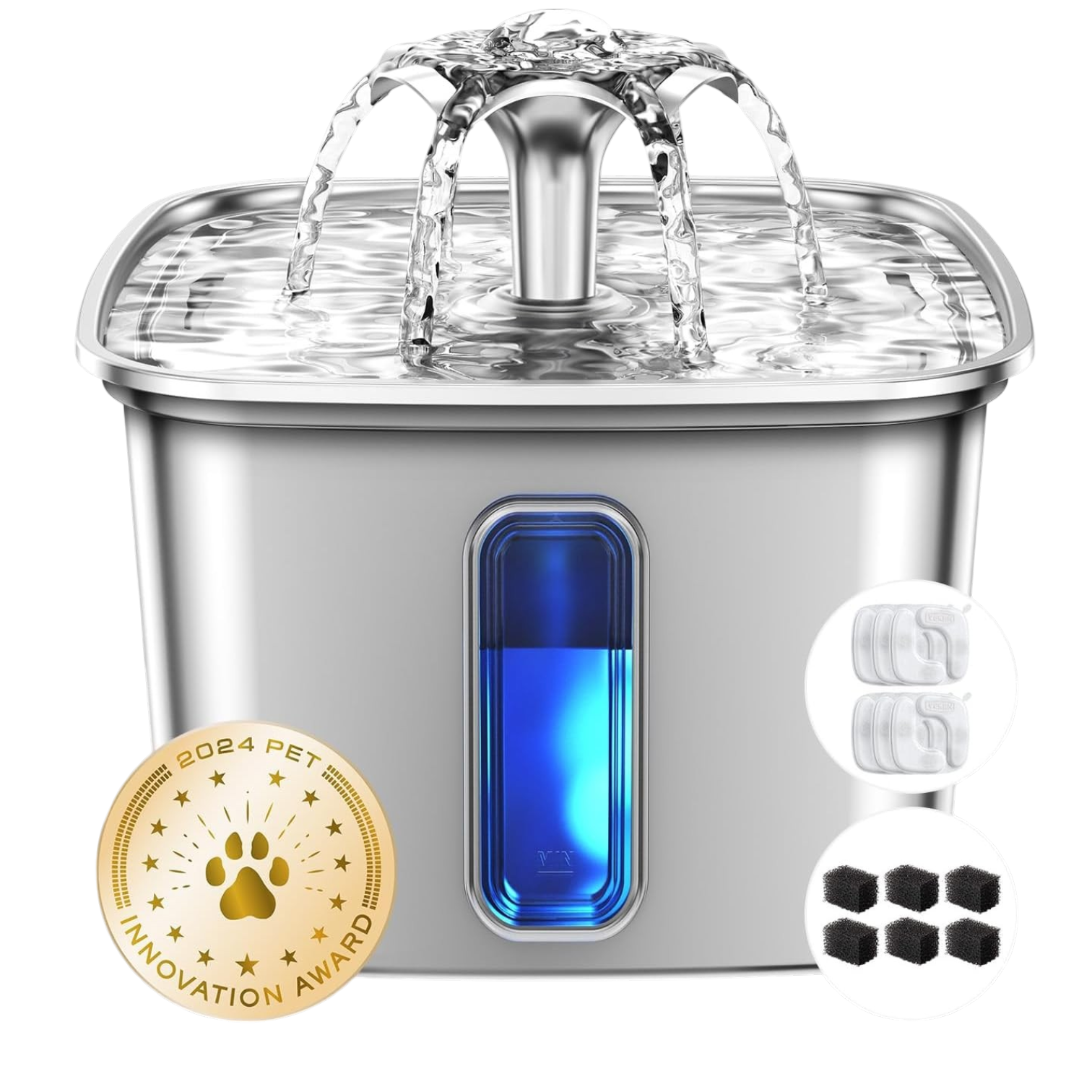 Stainless Steel Fountain, 108oz/3.2L with 6 Replacement Filters by Veken